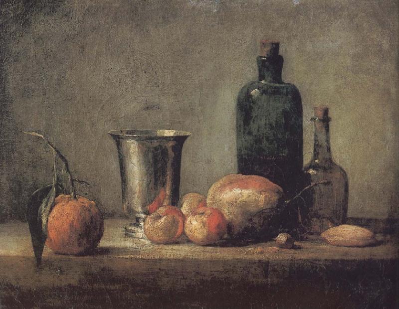 Jean Baptiste Simeon Chardin Orange silver apple pears and two glasses of wine bottles oil painting picture